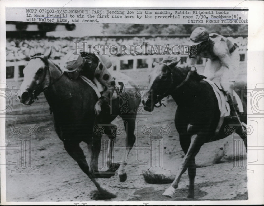 1957 Press Photo Monmouth Park Bob Mitchell on Beau Priam vs W Blum Backbone - Historic Images