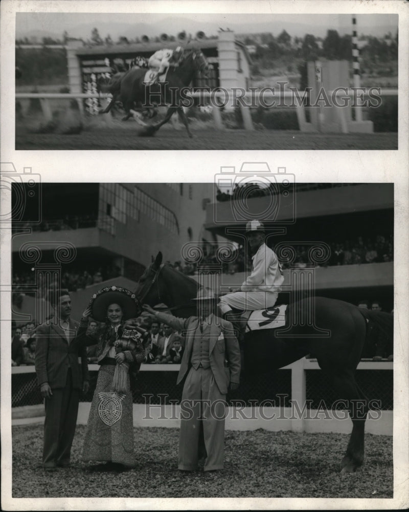 1945 Press Photo Jockey E Sylvia on Big Racket in Mexico City, A Vaca owner - Historic Images