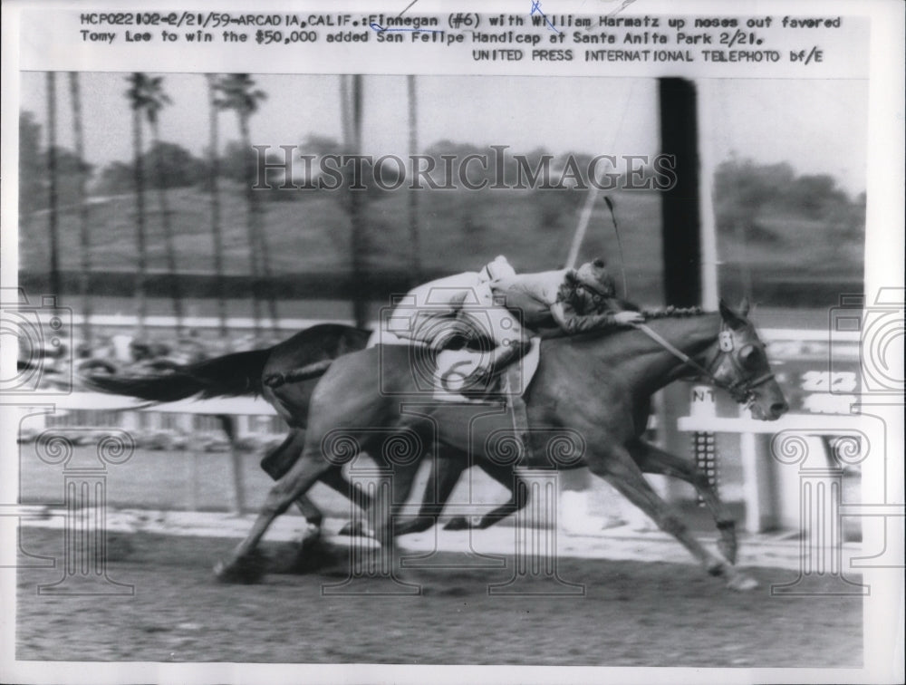 1959 Press Photo Arcadia Calif Wm Harmetz on Finnegan wins San Felipe Handicap - Historic Images