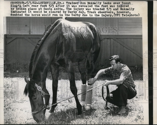 1962 Press Photo Trainer, Ron McAnally looks over Donut's feet - nes23991 - Historic Images