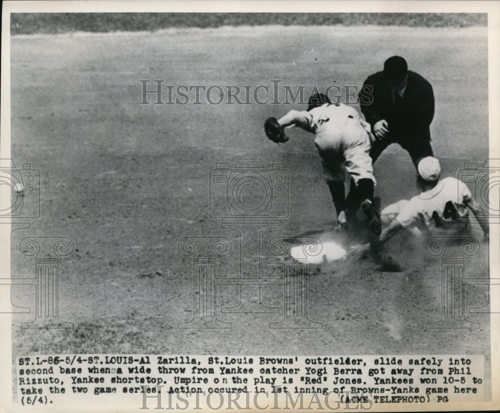 1949 Press Photo St Louis, Al Zarilla of St Louis Browns slids at 2nd base Phil - Historic Images