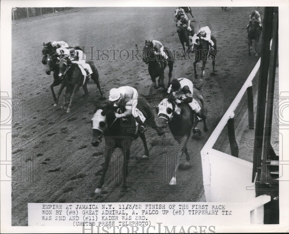 1952 Press Photo 1st race at Jamaica NY A Falco on Great Admiral wins - Historic Images