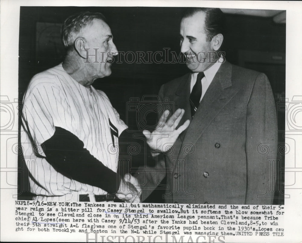 1954 Press Photo NYC Yankees manager Casey StengelAl Lopez Indian chief- Historic Images