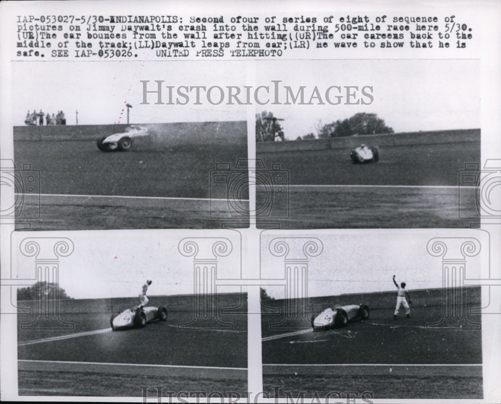 1957 Press Photo Indanapolis Ind Jimmy Daywalt crashes into the wall - nes27293 - Historic Images