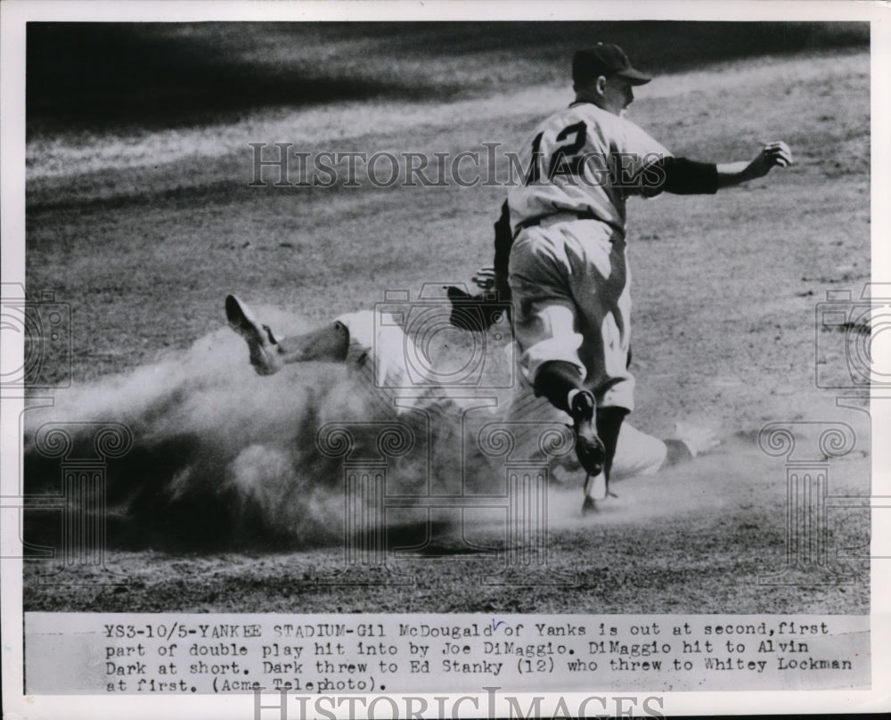 1951 Press Photo Yankee Gil MacDougald out at 2nd vs Whitey Lockman - nes27779- Historic Images