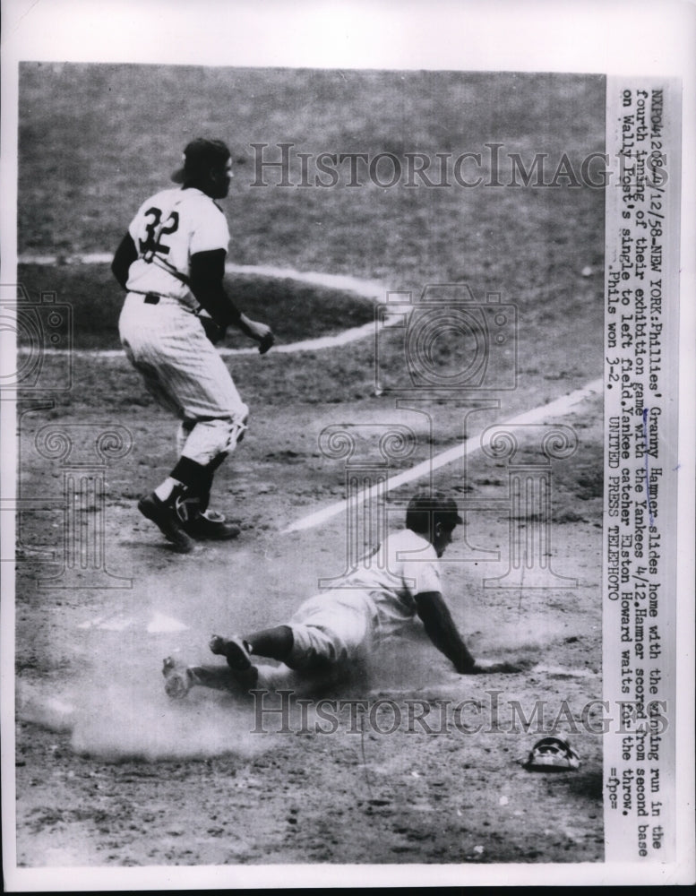 1958 Press Photo Phillies Granny Hamner slides home vs Yankees Elston Howard- Historic Images