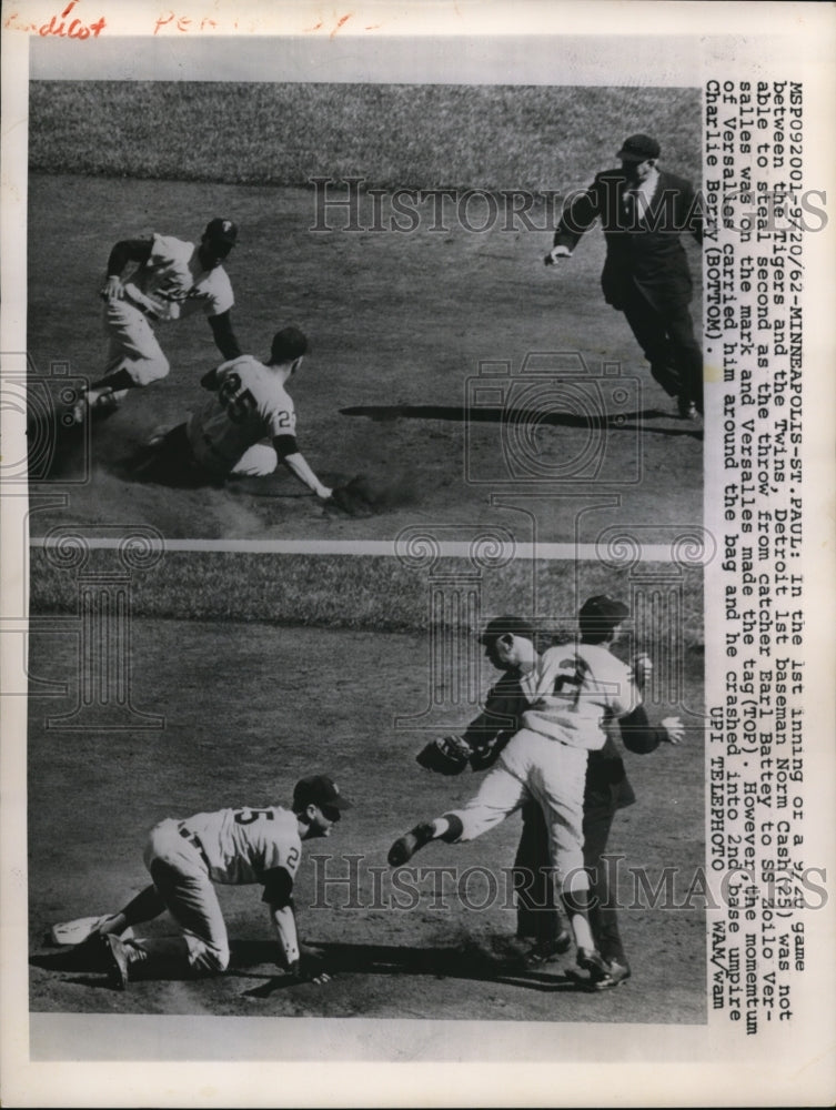 1962 Press Photo Detroit 1st baseman Norm Cash tagged out by Zoilo Versalles - Historic Images