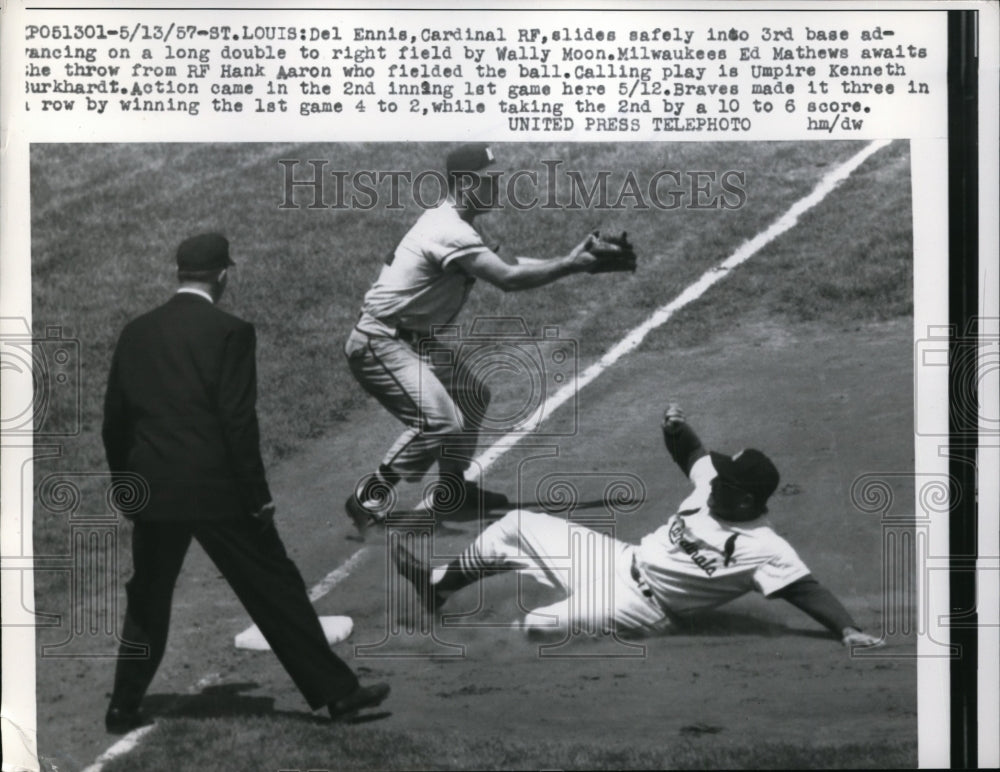 1957 Press Photo St Louis Cardinal Del Ennis slides to 3rd vs Braves Ed Mathews- Historic Images