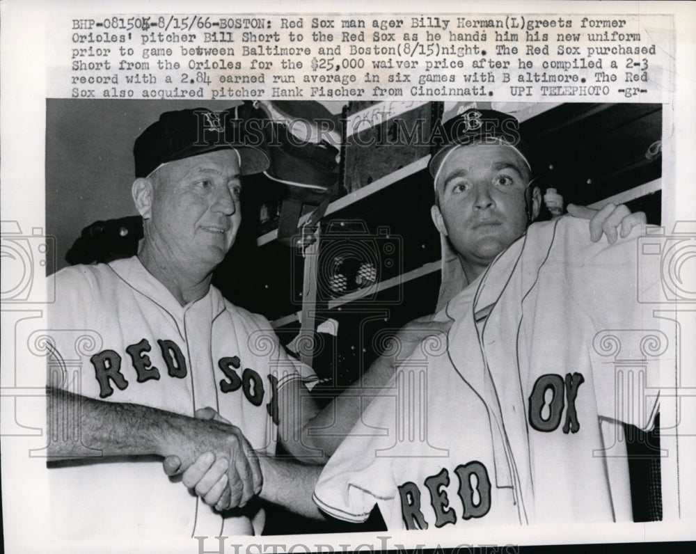 1966 Press Photo Red Sox Manager Billy Herman greets Bill Short - nes31551 - Historic Images