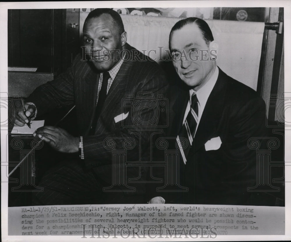 1951 Press Photo Harrisburg Pa Jersey Joe Walcott Felix Bocchicchio mgr - Historic Images