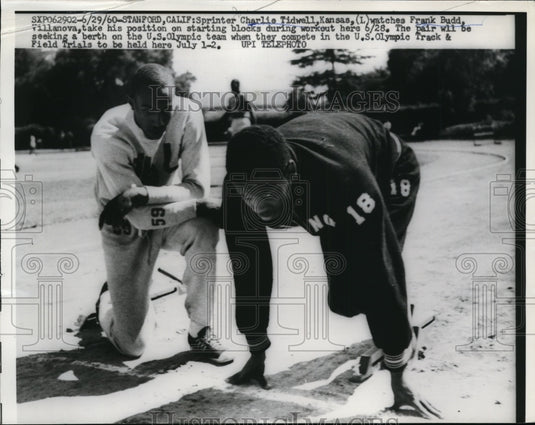1960 Press Photo Sprinter Charlie Tidwell watches Frank Budd take position - Historic Images