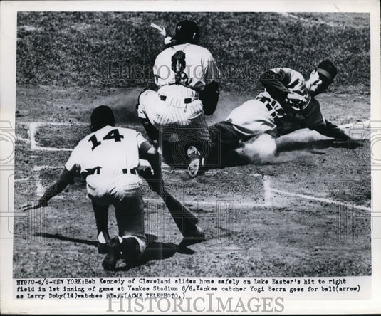 1950 Press Photo Bob Kennedy of Cleveland slides home safe on Luke Easter hit - Historic Images