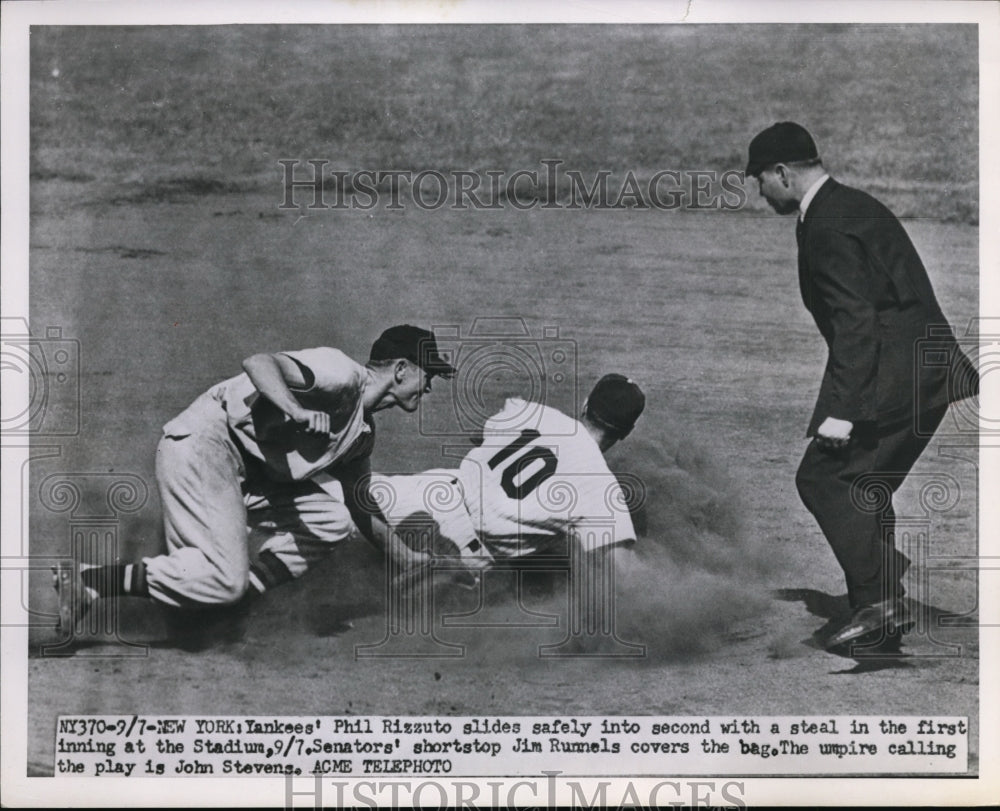 1951 Press Photo Yankees Phil Rizzuto slides into 2nd on steal in 1st inning - Historic Images