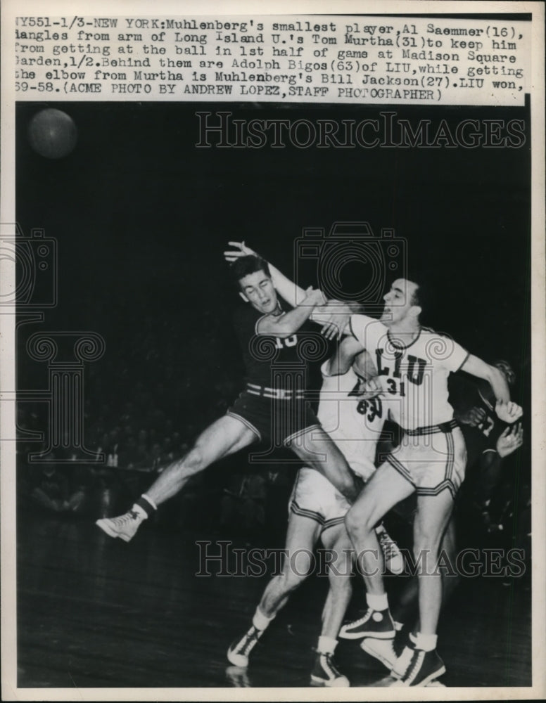 1950 Press Photo NYC Muhlenberg&#39;s Al Saemmer vs LIUs Tom Murtha, A Bigos- Historic Images