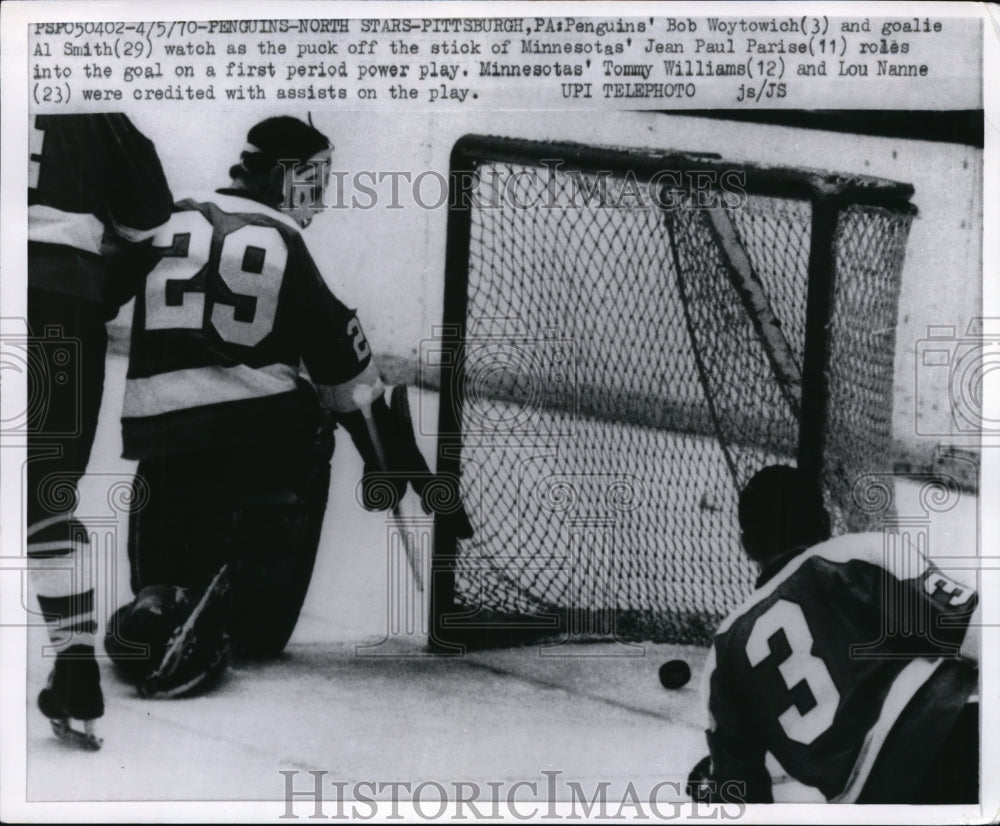 1970 Press Photo Penguins Bob Woytowich, goalie Al Smith vs Jean P Parise of MN - Historic Images