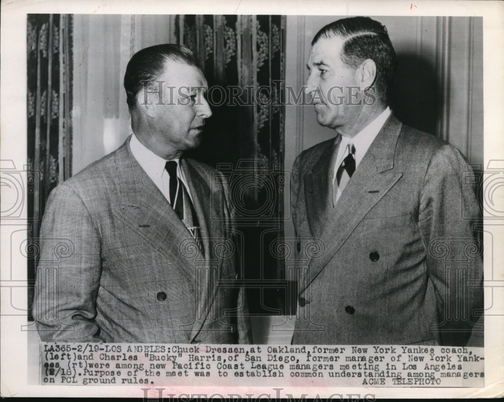 1949 Press Photo Chuck Dressen former Yankee coacj &amp; Charles Harris at LA meet- Historic Images