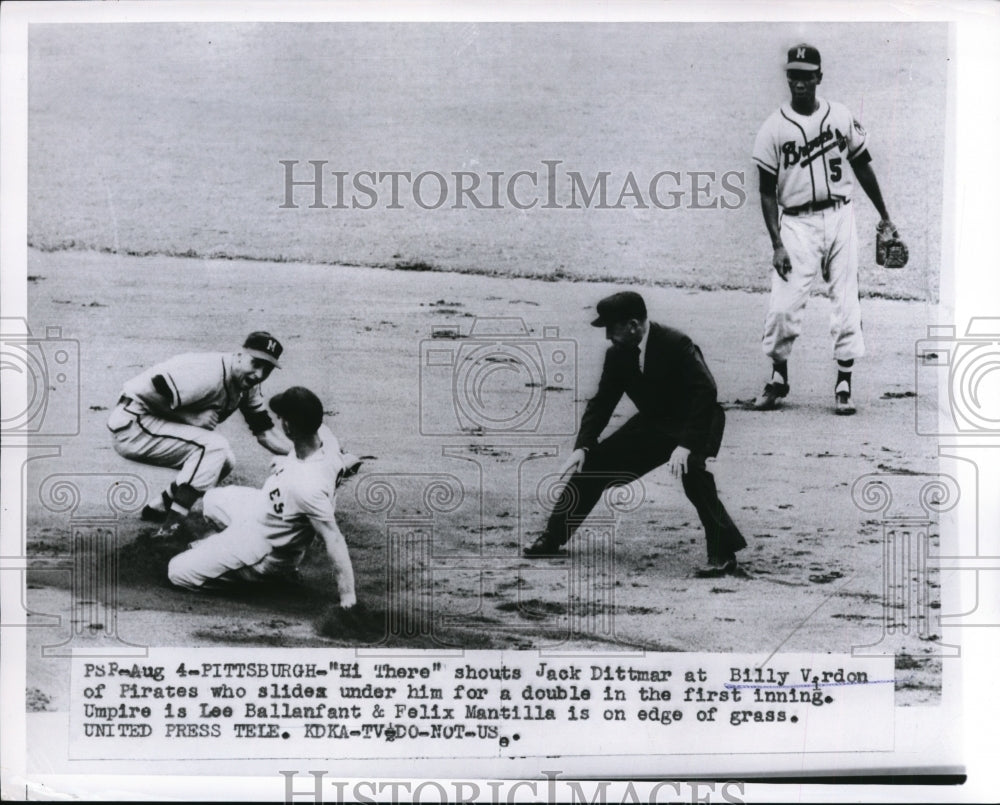 1956 Press Photo Jack Dittmer of Braves vs Billy Virdon of Pirates at Pittsburgh - Historic Images