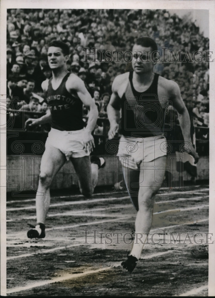 1937 Press Photo Bobby Grieve in 100 yard dash at Drake Relays vs Ledford - Historic Images