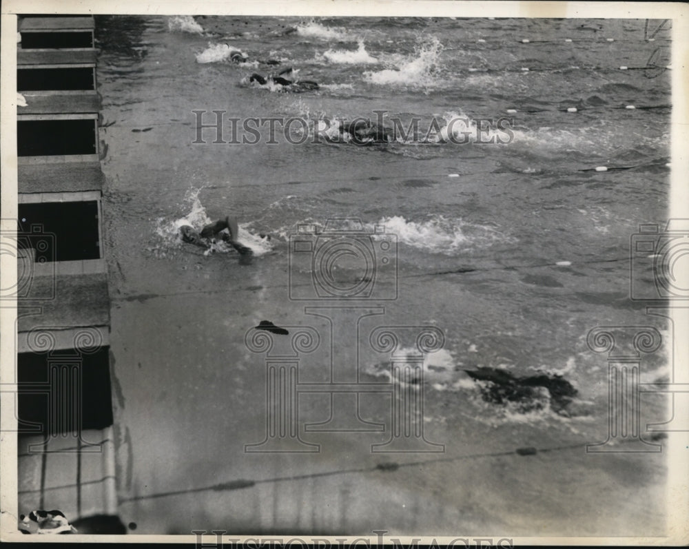 1936 Press Photo Finish of 100 meter finals Katherine Rawls wins the swim- Historic Images