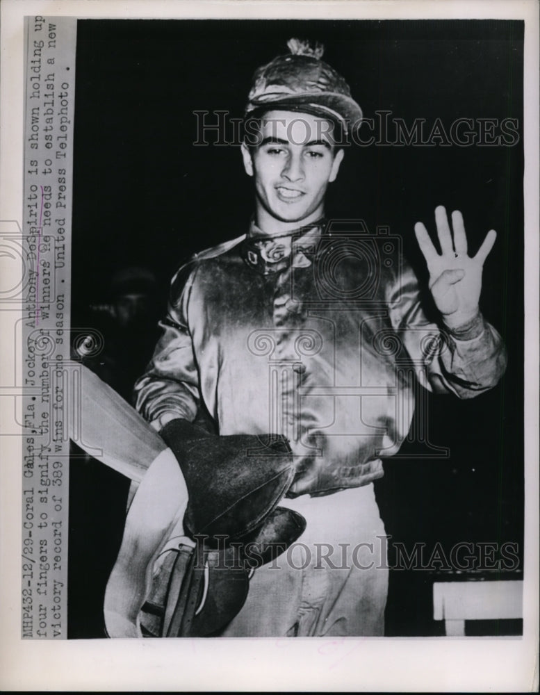 1953 Press Photo Jockey Anthony DeSpirito at Coral Gables Fla 389 win season - Historic Images