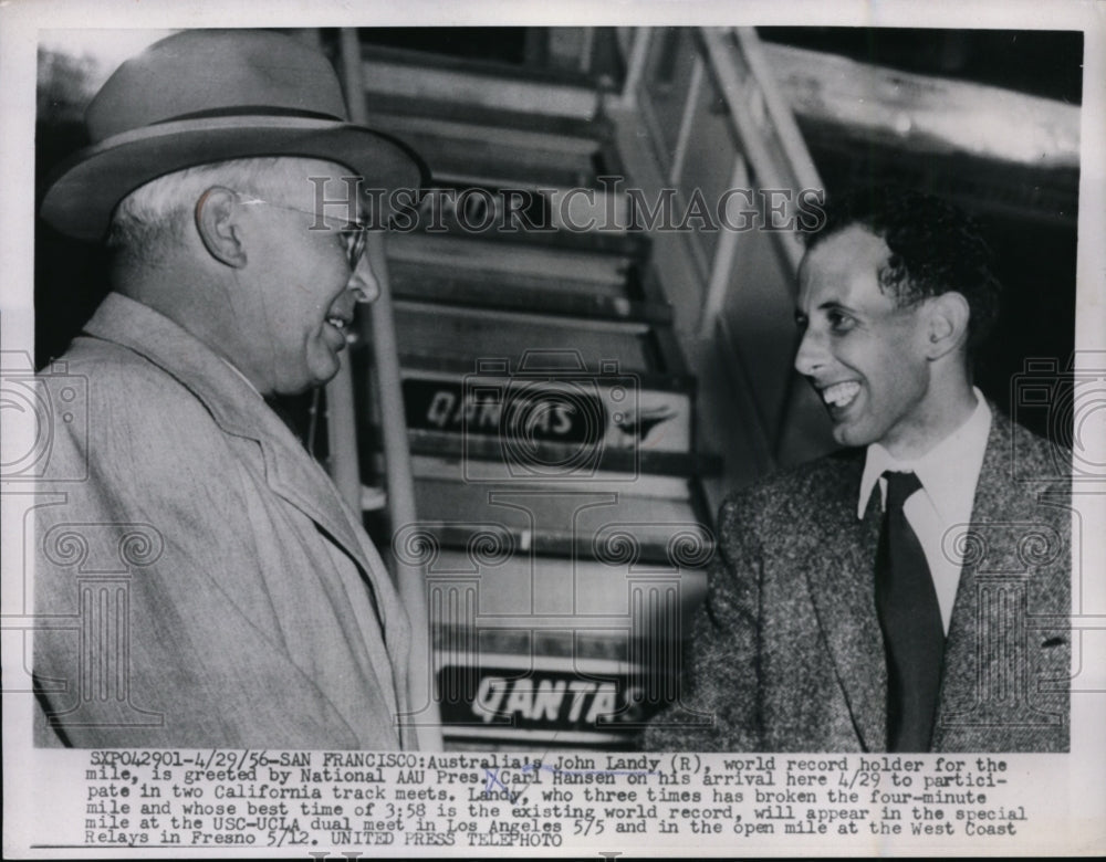 1956 Press Photo John Landy Australian miler &amp; National AAU Pres Carl Hansen - Historic Images