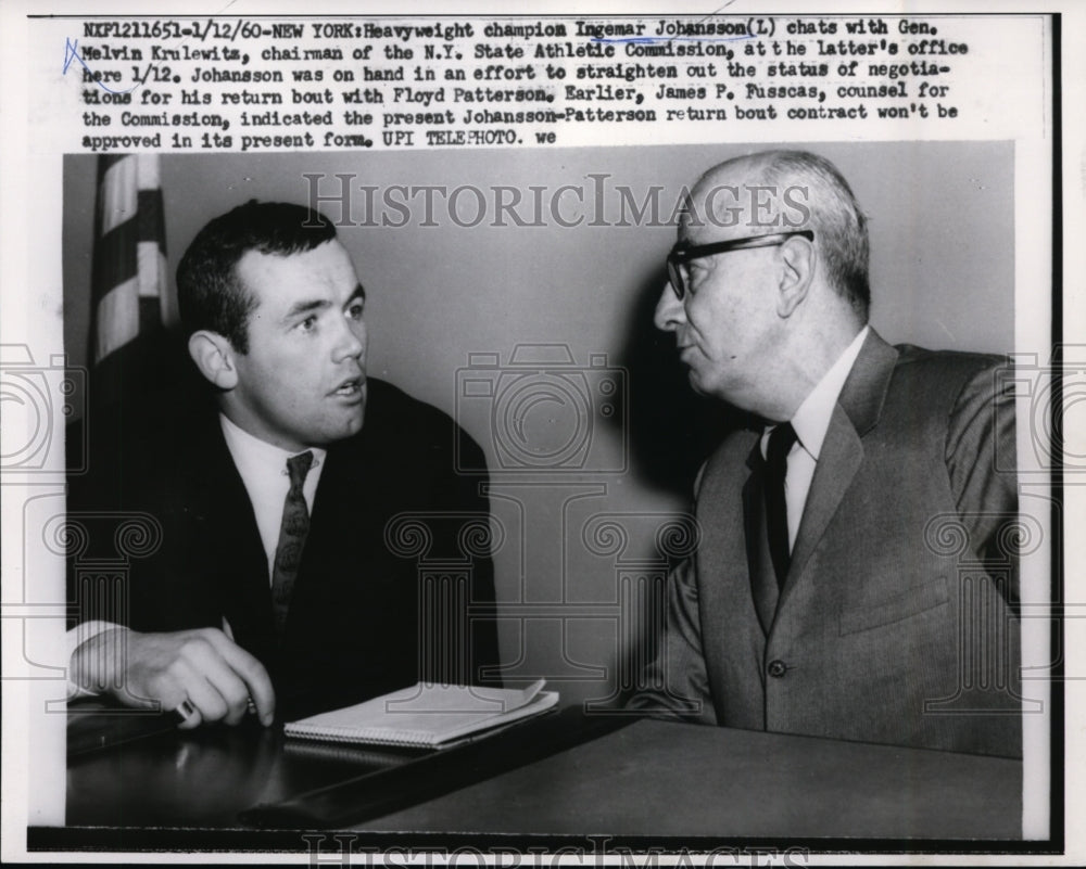 1960 Press Photo Boxer Ingemar Johansson &amp; Gen Melvin Krulewitz NY Athletic Comm - Historic Images