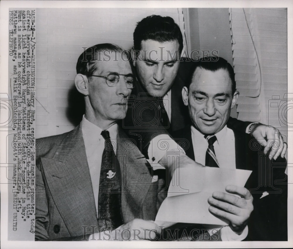 1952 Press Photo LA boxing promoter Harry Hunt, Jack Hurley &amp; F Bocchicchio - Historic Images