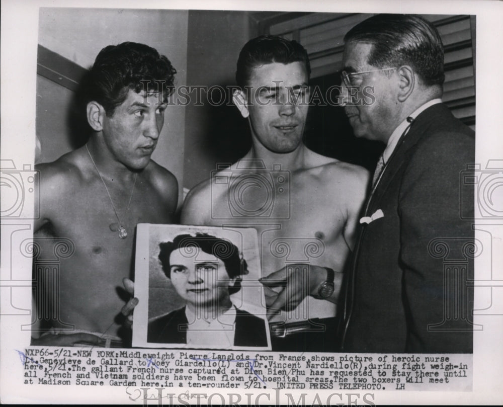 1954 Press Photo Pierre Langlois photo of nurse de Gallard, Joey Giardello - Historic Images