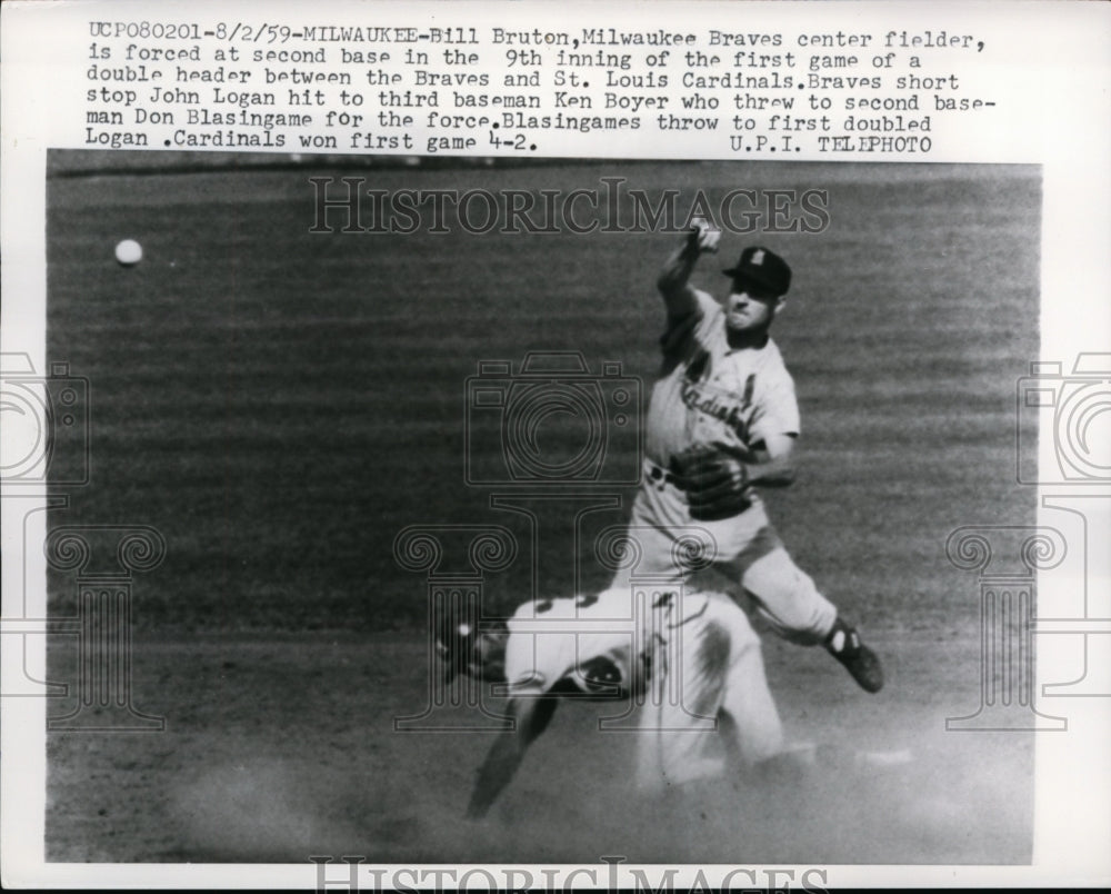 1959 Press Photo Braves Bill Bruton out at 2nd vs Cardinals Don Blasingame - Historic Images