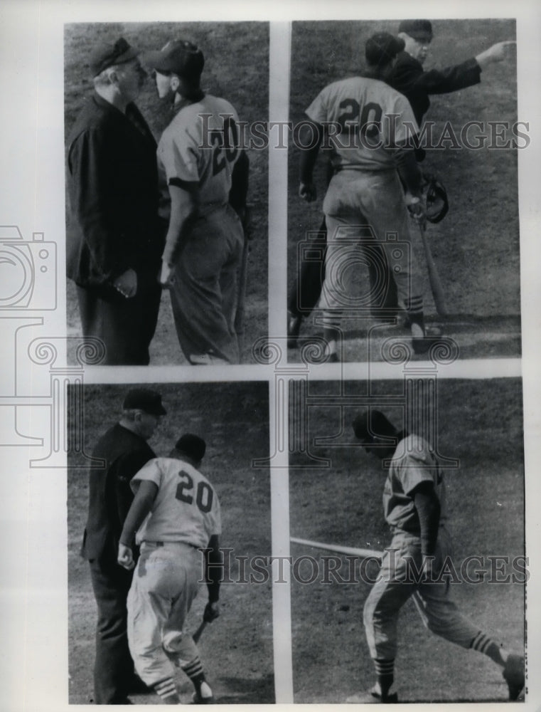 1961 Press Photo Cardinal Daryl Spencer & umpire Tom Gorman at game vs Giants - Historic Images