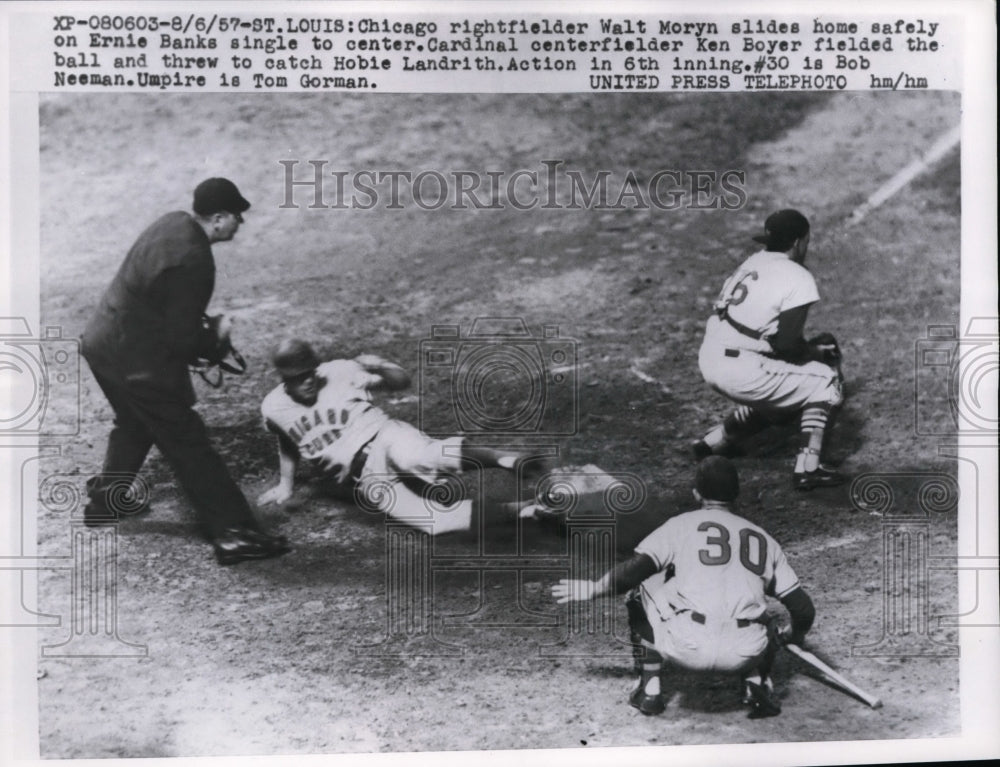 1957 Press Photo Cubs Walt Moryn slides to base vs Cardinals Hobie Landrith- Historic Images