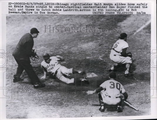 1957 Press Photo Cubs Walt Moryn slides to base vs Cardinals Hobie Landrith- Historic Images