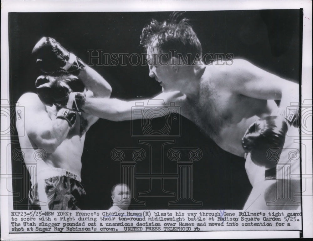 1956 Press Photo Charley Humez vs Gene Fullmer in NYC middleweight bout- Historic Images