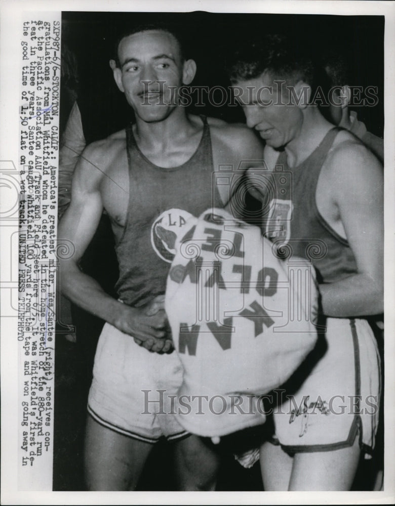 1954 Press Photo Wes Santee &amp; Mal Whitfield at Stockton CA track meet- Historic Images