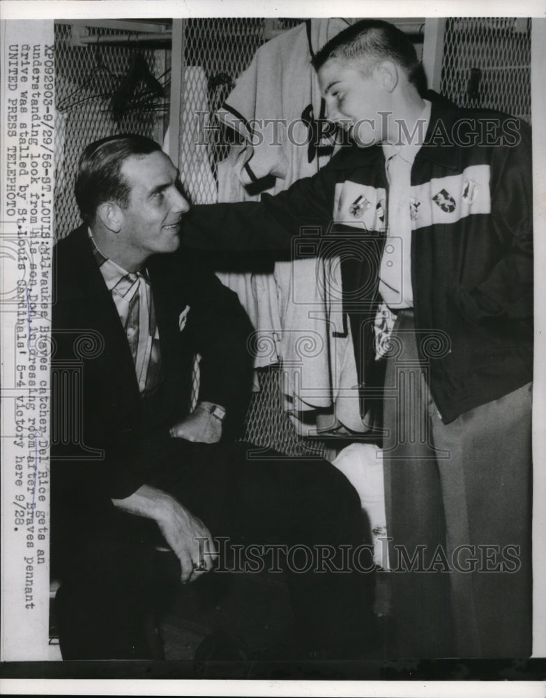 1956 Press Photo Braves catcher Del Rice, son Don after loss vs Cardinals- Historic Images