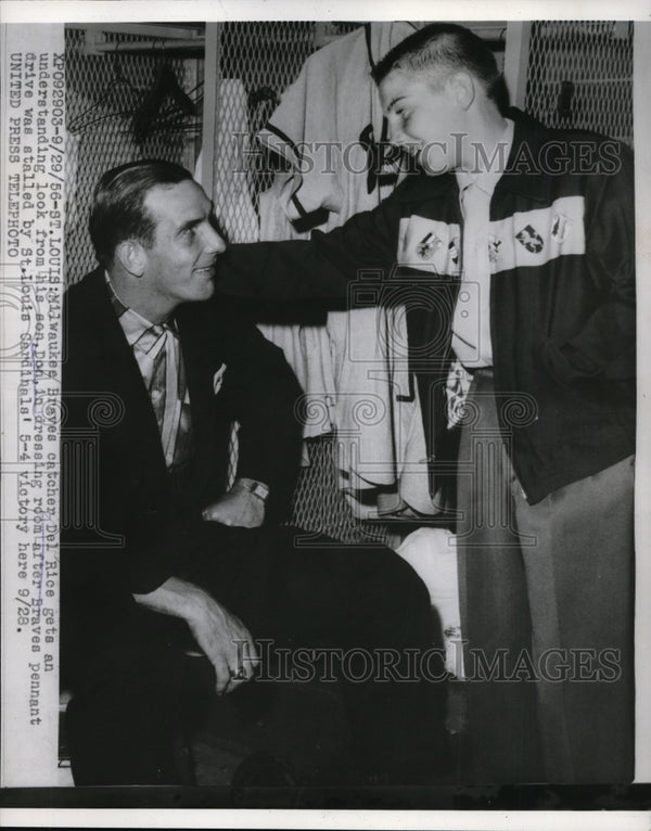 1956 Press Photo Braves catcher Del Rice, son Don after loss vs Cardin ...