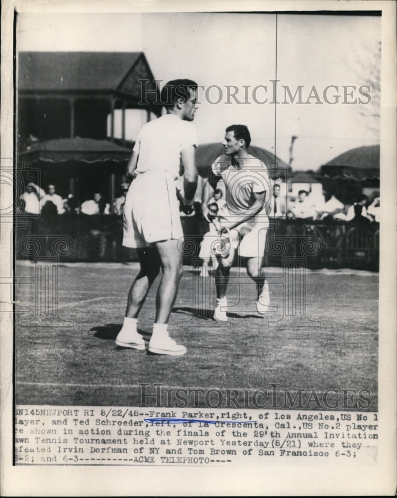 1948 Press Photo Frank Parker &amp; Ted Schroeder Lawn Tennis at Newport RI - Historic Images