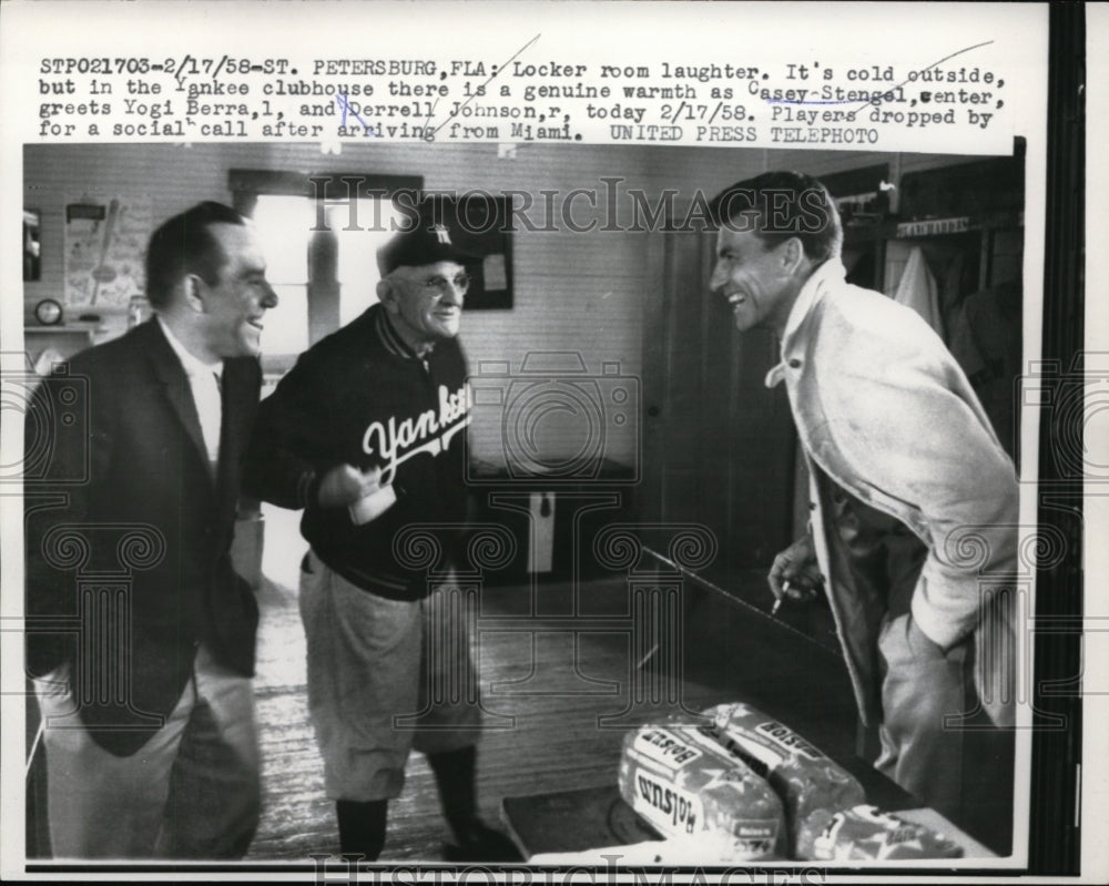 1958 Press Photo Yankees Casey Stengel, Yogi Berra &amp; Derrell Johnson - nes43595- Historic Images