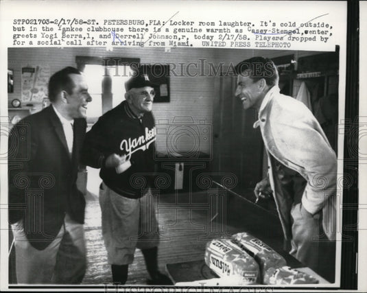 1958 Press Photo Yankees Casey Stengel, Yogi Berra & Derrell Johnson - nes43595- Historic Images