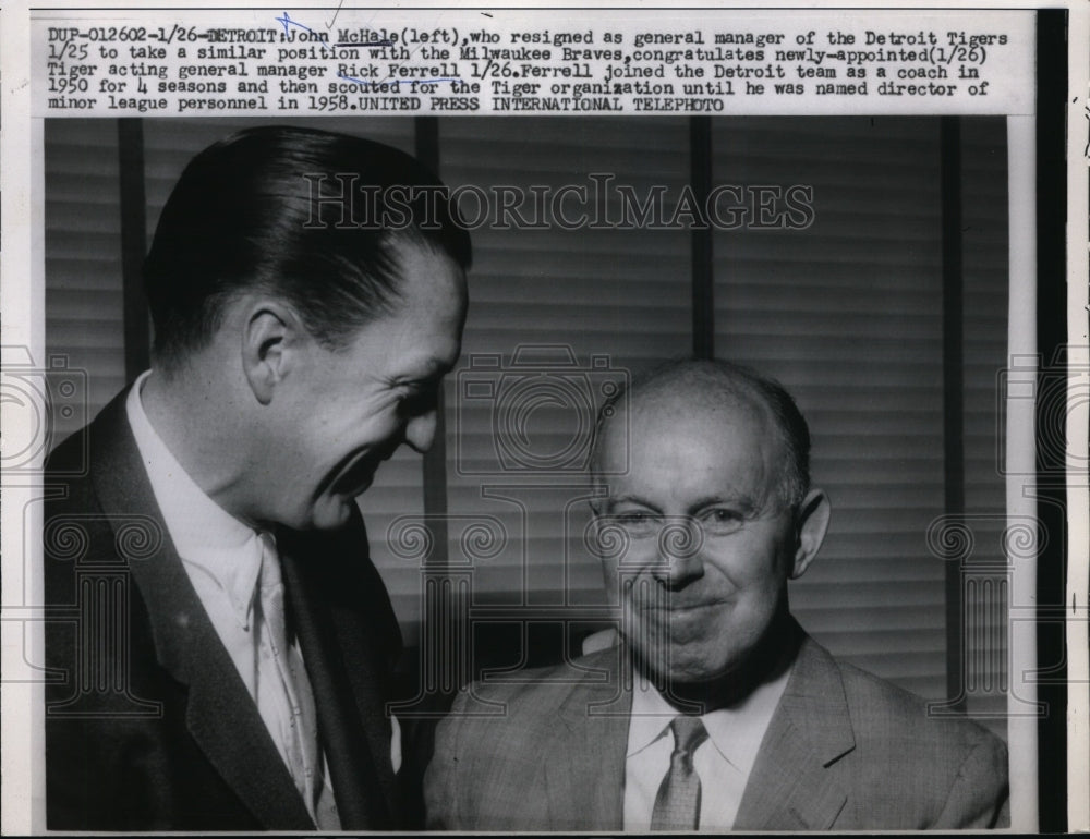 1959 Press Photo John McHale former Tiger manager & new manager Rick Ferrell - Historic Images