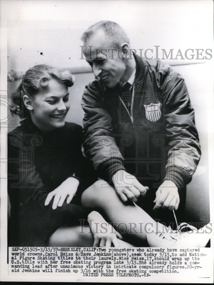1957 Press Photo Skater Carol Heiss &amp; Dave Jenkins at Berkeley California - Historic Images