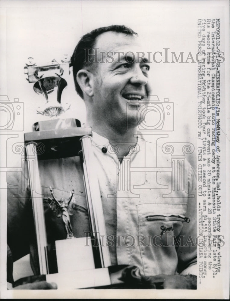 1958 Press Photo Jim McWithey wins International Race Derby in Minnesota - Historic Images