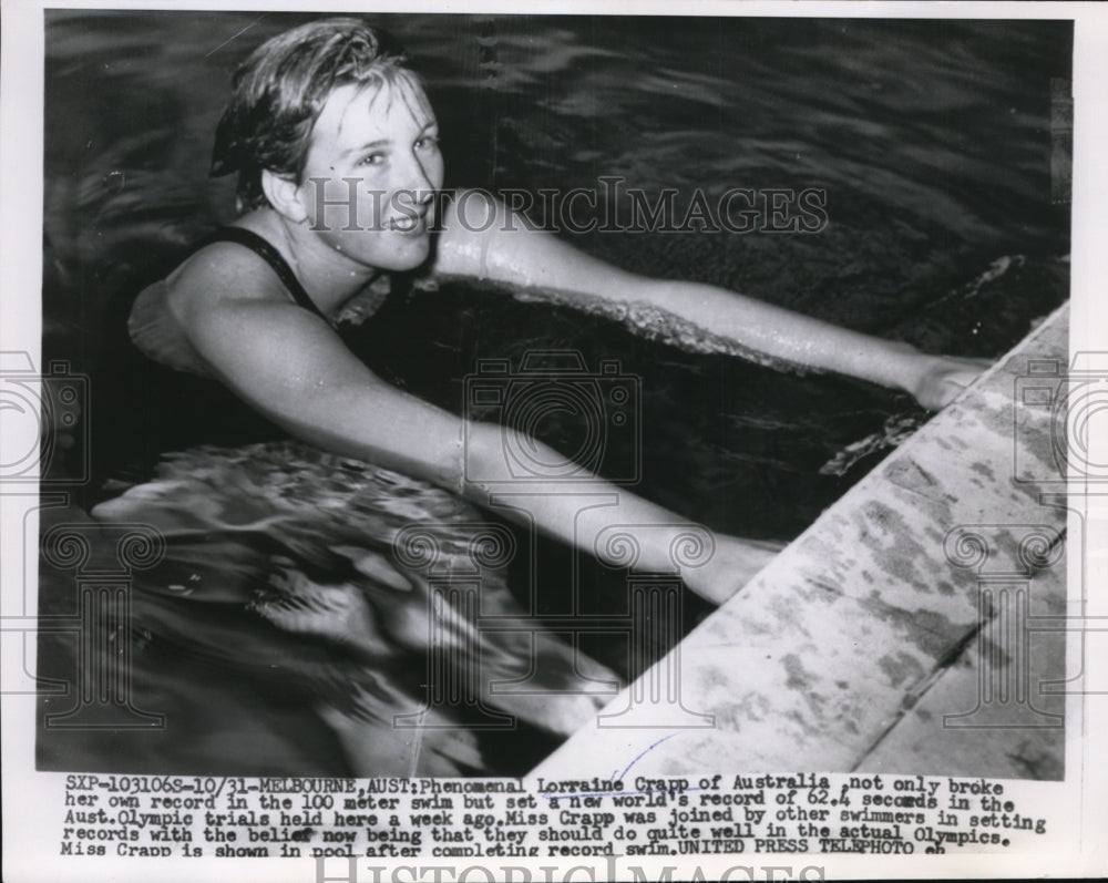 1956 Press Photo Lorraine Crapp of Australia 100 meter swim at Olympic trials - Historic Images