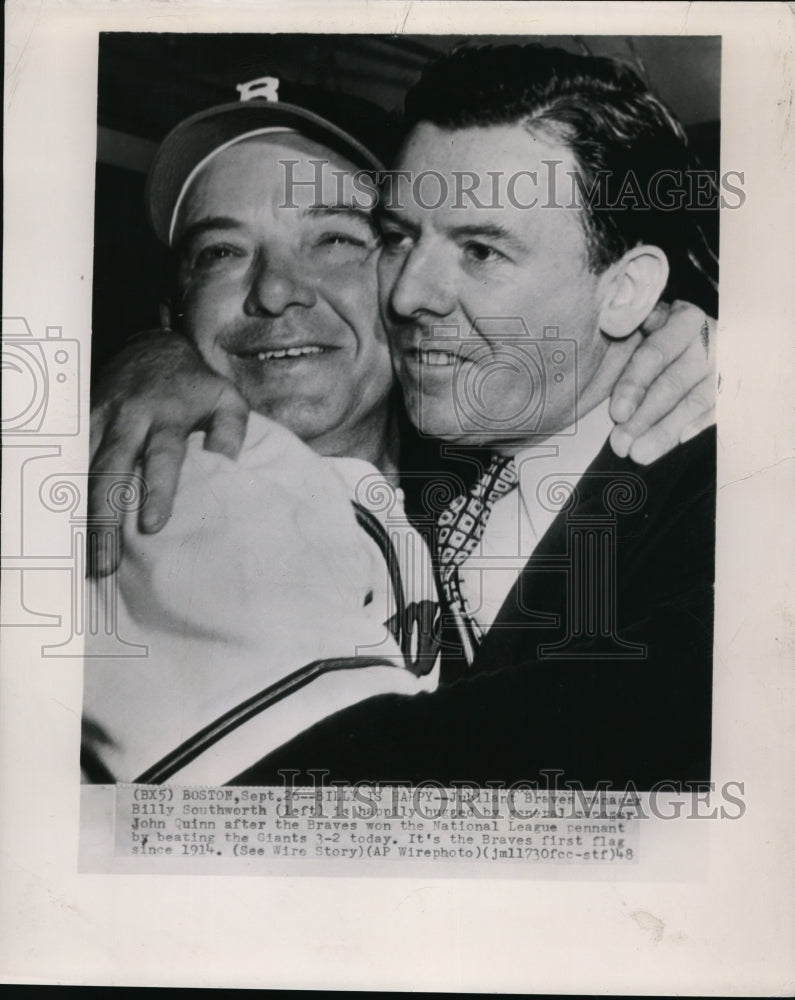 1948 Press Photo Braves manager Billy Southworth &amp; GM John Quinn NL pennant win - Historic Images