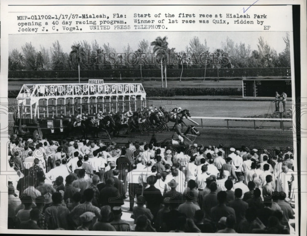 1957 Press Photo Hialeah Florida start of 1st race won by JC Vogel on Quix- Historic Images