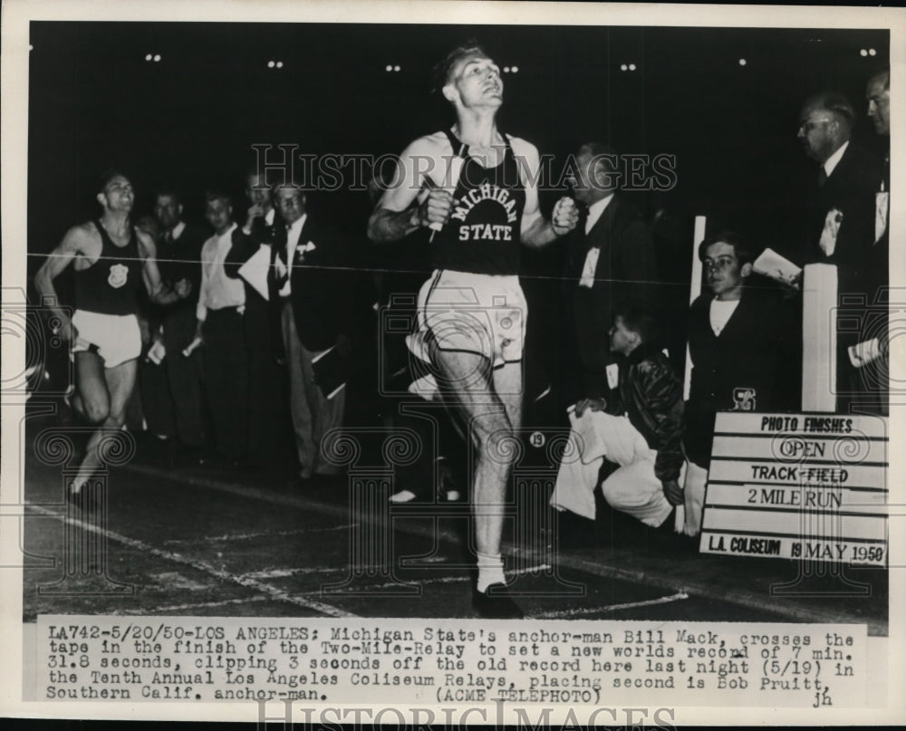 1950 Press Photo Bill Mack wins 2 mile relay in LA vs Bob Pruitt of USC- Historic Images