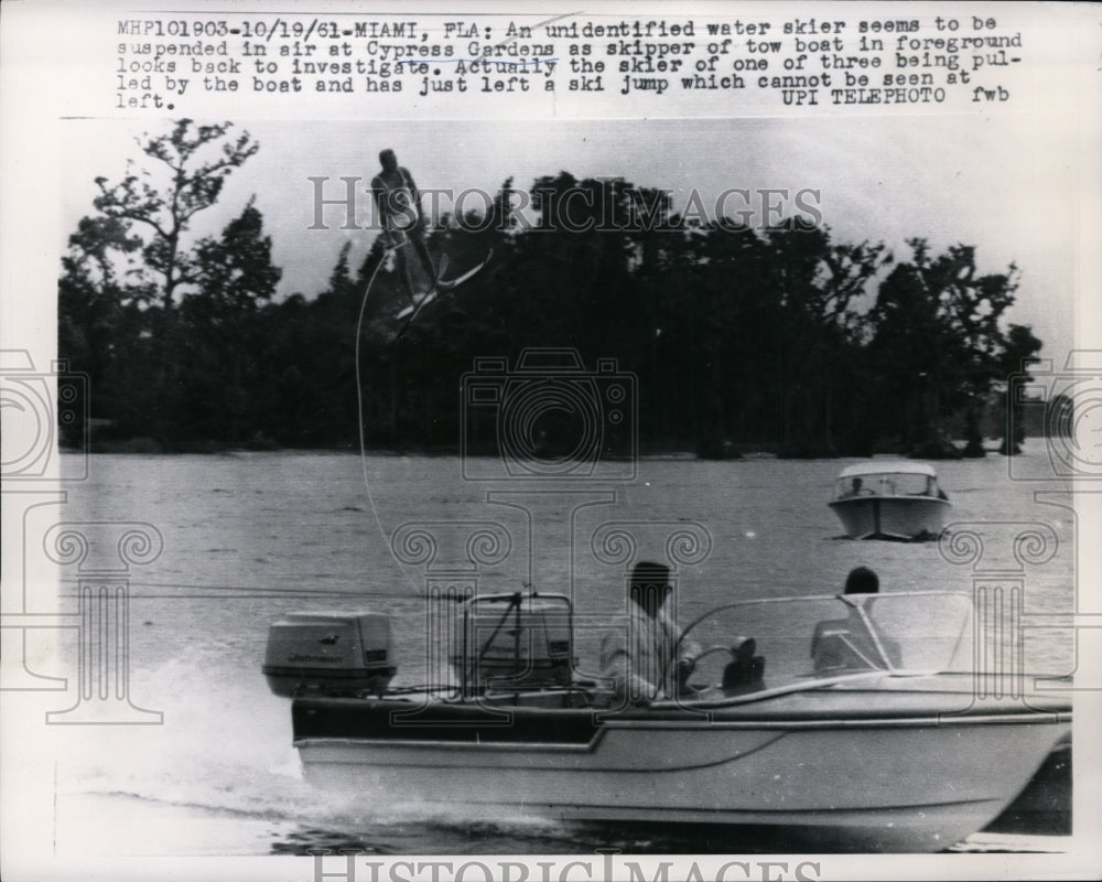 1961 Press Photo Water skier over a jump at Cypress Gardens Florida - nes48922- Historic Images