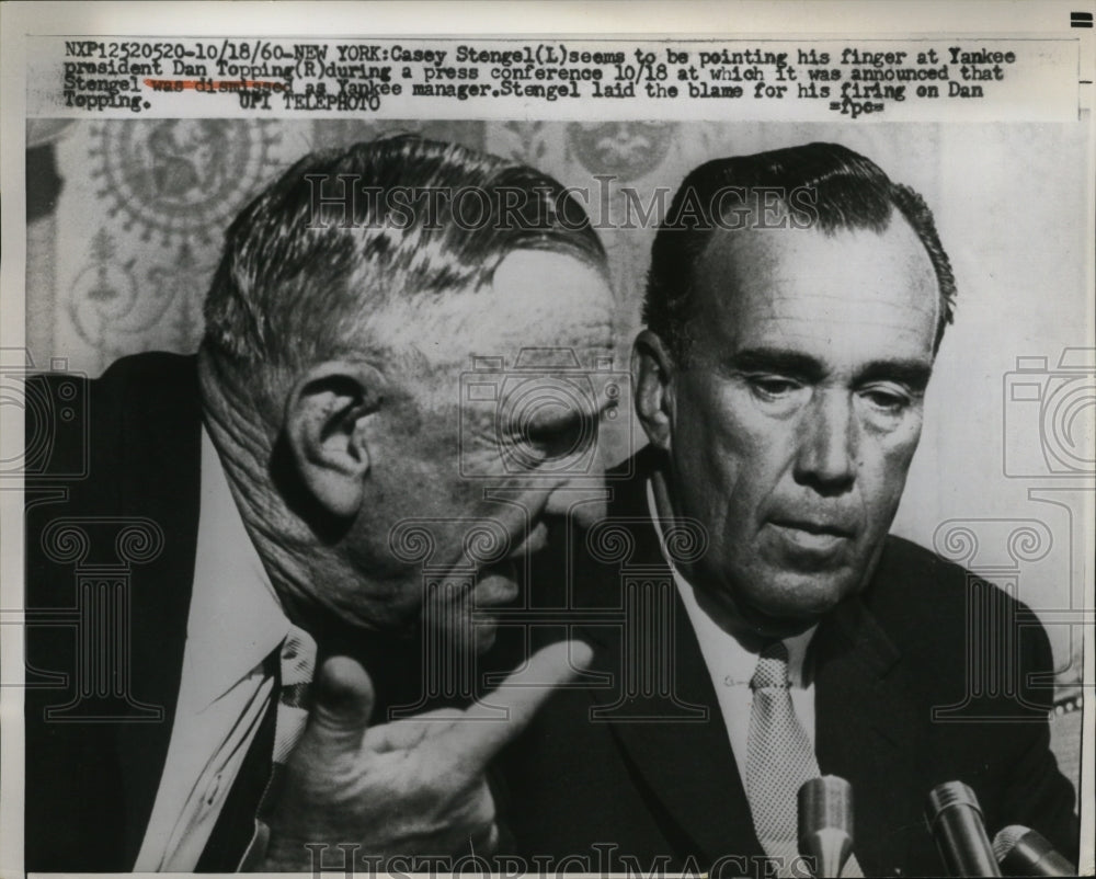 1960 Press Photo Casey Stengel &amp; Yankee president Dan Toppong in NYC - nes49823- Historic Images