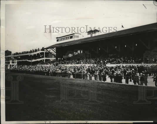 1933 Press Photo Fans crowd the rails despite stormy skies at Sportsman's Park - Historic Images