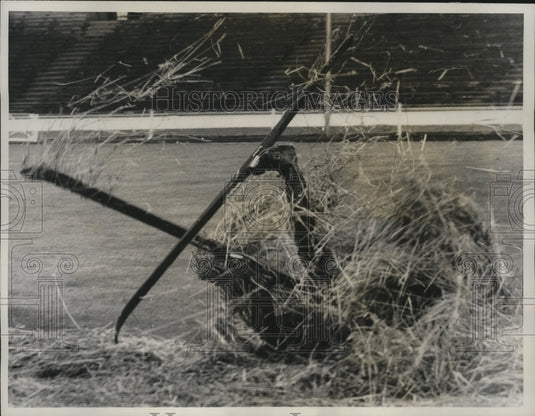 1961 Press Photo Norway's T. Brantzaeg lands in straw after 150 foot ski jump - Historic Images